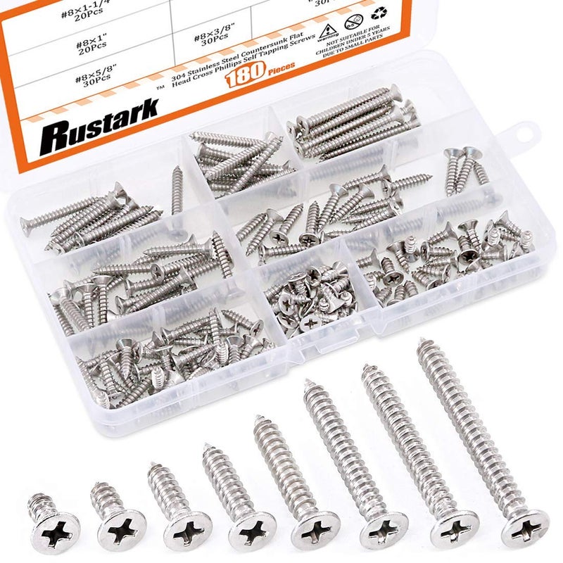 Rustark 180Pcs [#8 3/8" to 1-1/2"] 304 Stainless Steel Countersunk Flat Head Phillips Cross Wood Screws Drive Self Tapping Drilling Screw Assortment Kit - Image 1